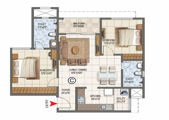 Prestige Spring Heights 2 BHK Floor Plan