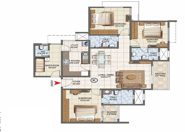 Prestige Spring Heights 3 BHK Floor Plan